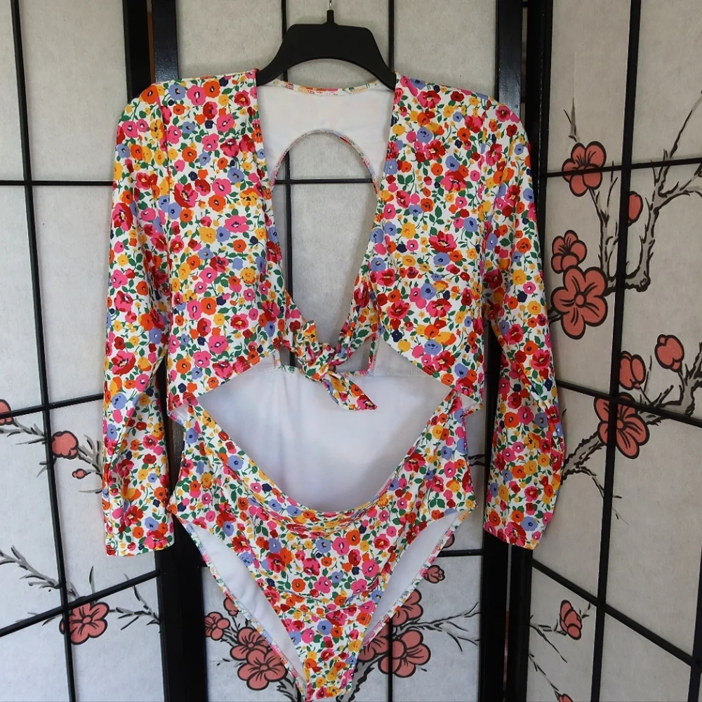 SHEIN Red Pink Floral Long Sleeve Cut Out Tie Chest Swimsuit Plus Size 2XL NWOT